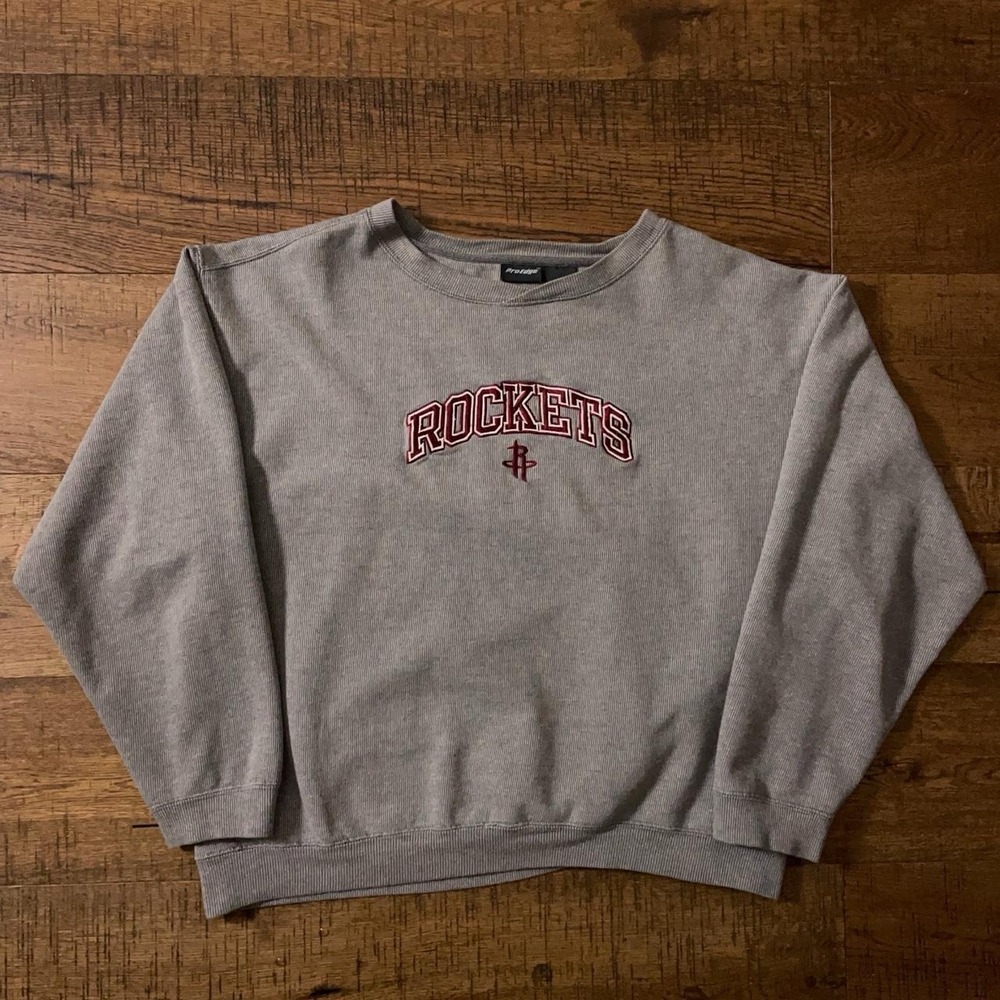 ProEdge Sweatshirt Mens XL Grey Y2K Houston Rockets Embroidered Ribbed Crewneck